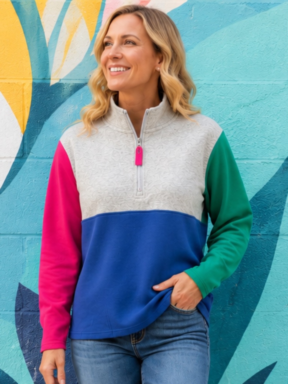 Joules Colorblock Quarter Zip Pullover Sweatshirt Blue Pink Green Size 12 NWOT